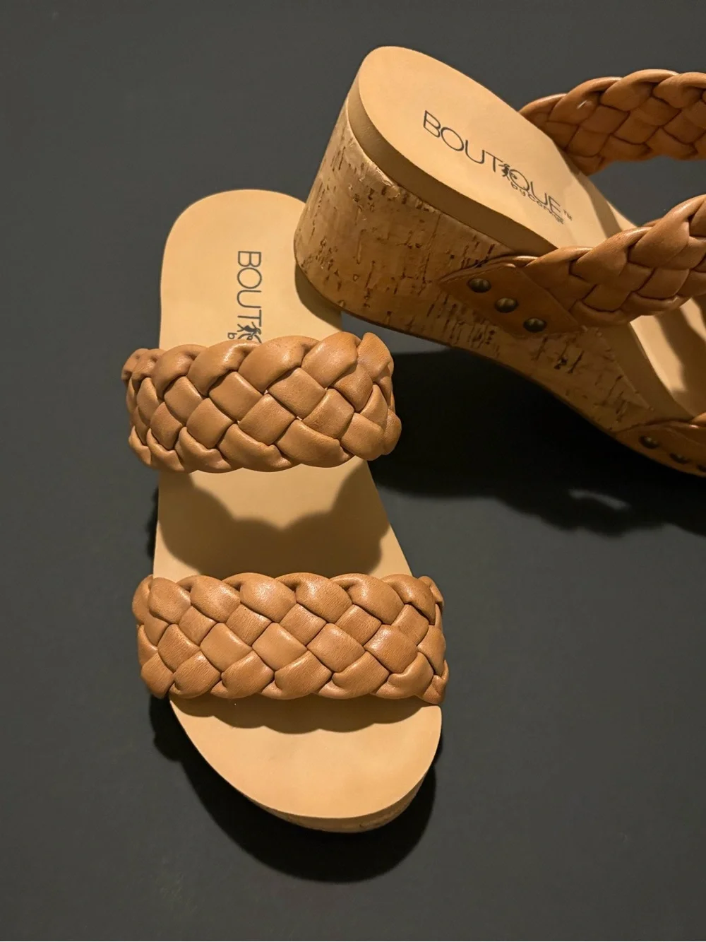 Boutique Tan Braided Cork-Wedge Sandals for Women